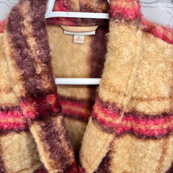 Knox Rose Plaid Teddy Short Jacket Coat Maroon Tan M Button Front Grandpacore - Picture 6 of 10